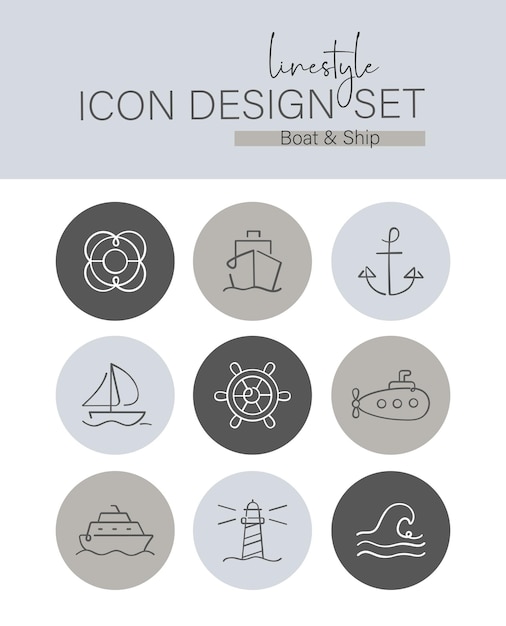 Conjunto de diseño de iconos de estilo lineal Barco y barco