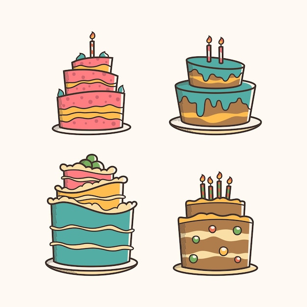 Vector conjunto de diseño de iconos y ilustración vectorial de pegatinas de pastel de cumpleaños