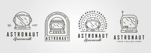 Conjunto de diseño de ilustración de símbolo vintage de logotipo de arte de línea de casco de astronauta