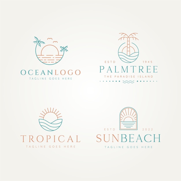 conjunto de diseño de ilustración de vector de plantilla de logotipo de arte de línea simple de playa de sol de océano tropical