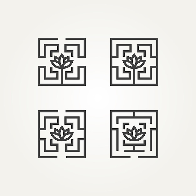 Conjunto de diseño de ilustración de vector de plantilla de logotipo de icono de arte de línea de flor de loto de geometría de laberinto minimalista
