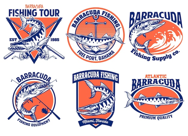 Vector conjunto de diseño de insignia de pesca barracuda.