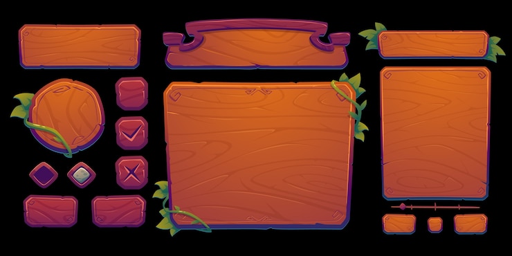 Vector conjunto de diseño de interfaz de usuario de madera de dibujos animados