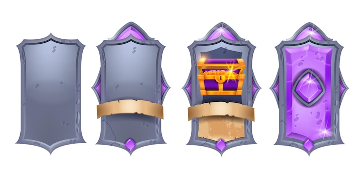 Vector conjunto de diseño de juego de cartas de piedra vector magic rpg ui frame kit rock deck item gemstone pergamino cinta