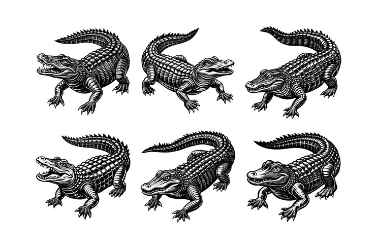 Vector conjunto de diseño de linocuto tipo logotipo de cocodrilo americano lindo e ilustración vectorial