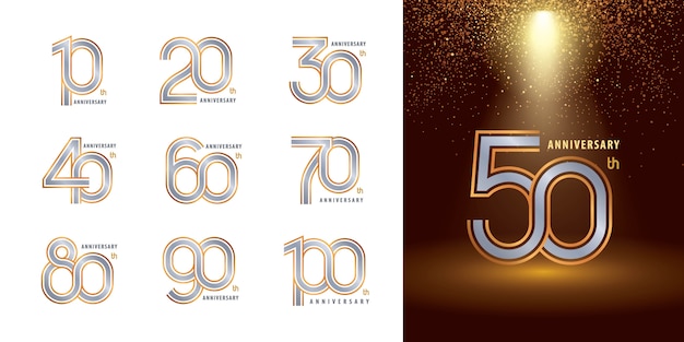 Conjunto de diseño de logotipo de aniversario de 10 a 100, logotipo de años celebrar aniversario