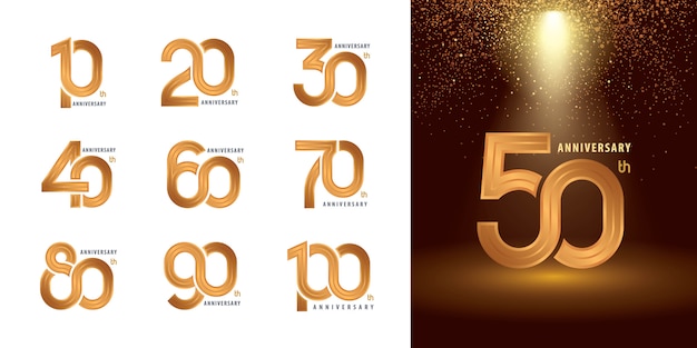 Conjunto de diseño de logotipo de aniversario de 10 a 100, logotipo de años celebrar aniversario