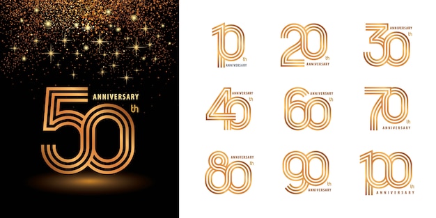 Conjunto de diseño de logotipo de aniversario de 10 a 100, logotipo de años celebrar aniversario