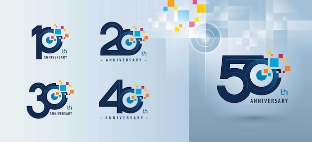 Conjunto de diseño de logotipo de aniversario de 10 a 50 años de diez a cincuenta años de aniversario, logotipo de color eye pixel.