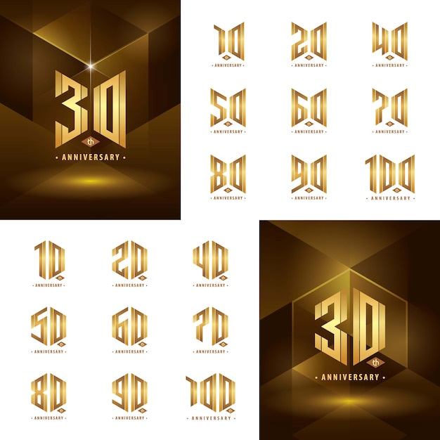 Conjunto de diseño de logotipo de aniversario de oro de 10 a 100