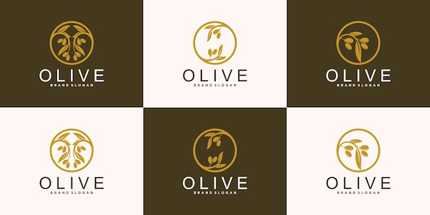 Conjunto de diseño de logotipo de árbol de aceite de oliva creativo con forma de hoja moderna vector premium