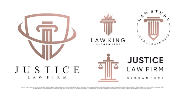 Conjunto de diseño de logotipo de bufete de abogados de justicia con corona de pilar y elemento creativo vector premium