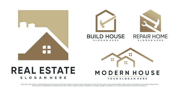 Conjunto de diseño de logotipo de casa de construcción para construcción con martillo y elemento creativo Vector Premium