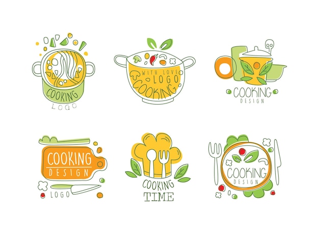 Conjunto de diseño de logotipo de cocina Insignias dibujadas a mano Etiquetas para clases culinarias Comida Festival Tienda Café Estudio de comida Ilustración vectorial