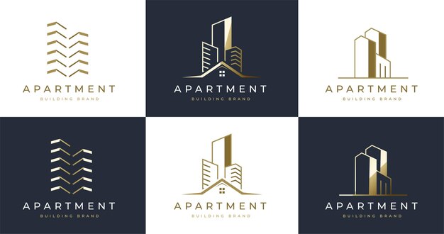 Conjunto de diseño de logotipo de edificio de arquitectura dorada de lujo en estilo de arte lineal