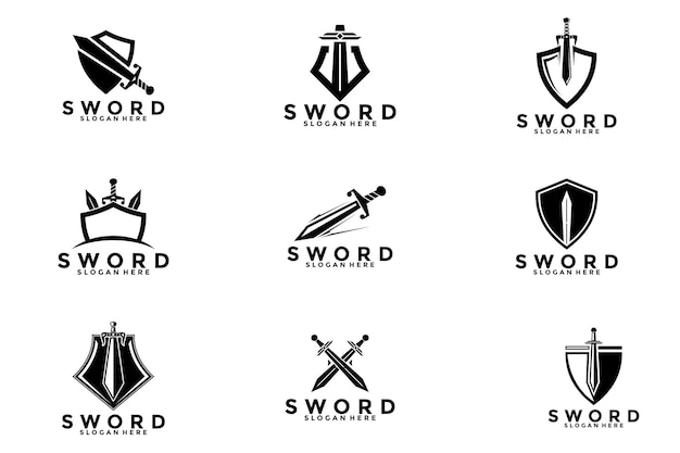 Conjunto de diseño de logotipo de espada y escudo Vector de logotipo perfecto de espada