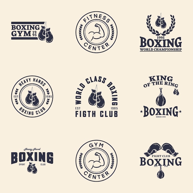 Conjunto de diseño de logotipo de la insignia del club de boxeo ilustración vectorial para el signo del emblema del club deportivo de boxeo