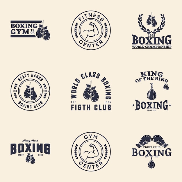 Conjunto de diseño de logotipo de la insignia del club de boxeo Ilustración vectorial para el signo del emblema del club deportivo de boxeo