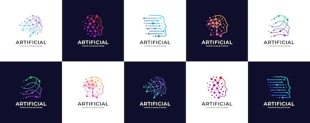 conjunto de diseño de logotipo de inteligencia artificial cara de cabeza con circuito cerebro procesador sistema informático