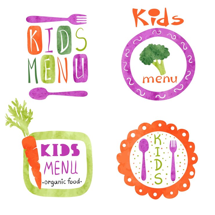 Vector conjunto de diseño de logotipo de menú de acuarela para niños colección de emblemas de menú vectorial coloridos