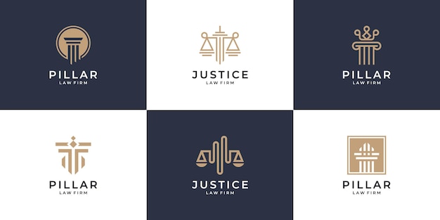 Conjunto de diseño de logotipo minimalista de justicia y pilar.