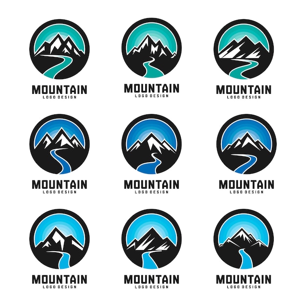 Conjunto de diseño de logotipo de montaña y río