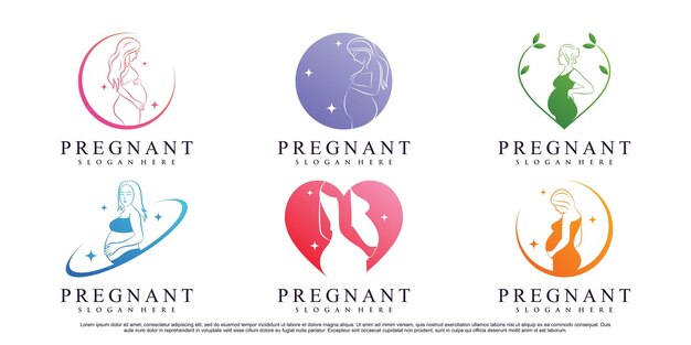 Conjunto de diseño de logotipo de mujer embarazada con elemento creativo Vector Premium