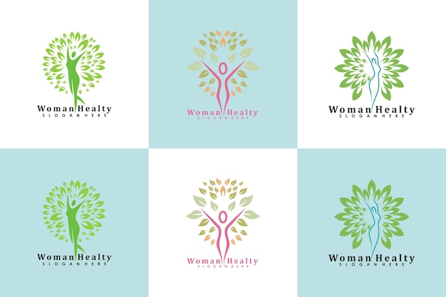 conjunto de diseño de logotipo de mujer salud vida
