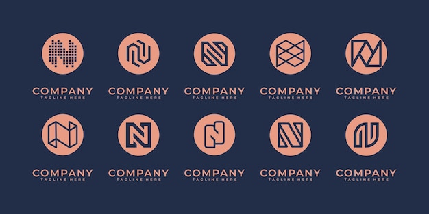 Conjunto de diseño de logotipo n. monograma inicial abstracto, iconos para negocios de lujo, elegantes y aleatorios.