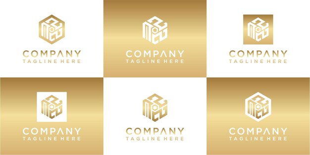 Conjunto de diseño de logotipo de oro monograma hexagonal creativo