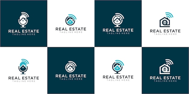 Conjunto de diseño de logotipo de podcast de propiedad inmobiliariavector de logotipo de casa de podcast