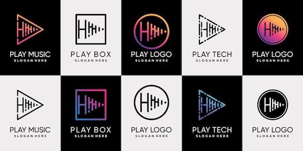 Vector conjunto de diseño de logotipo de reproducción de música con letra inicial h y estilo de arte de línea único vector premium