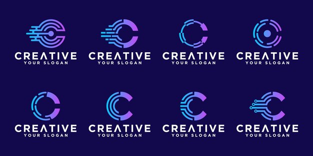 Conjunto de diseño de logotipo de tecnología de monograma abstracto creativo letra C