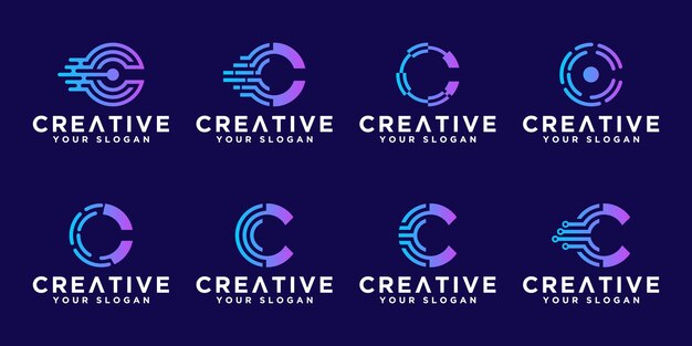 Conjunto de diseño de logotipo de tecnología de monograma abstracto creativo letra c