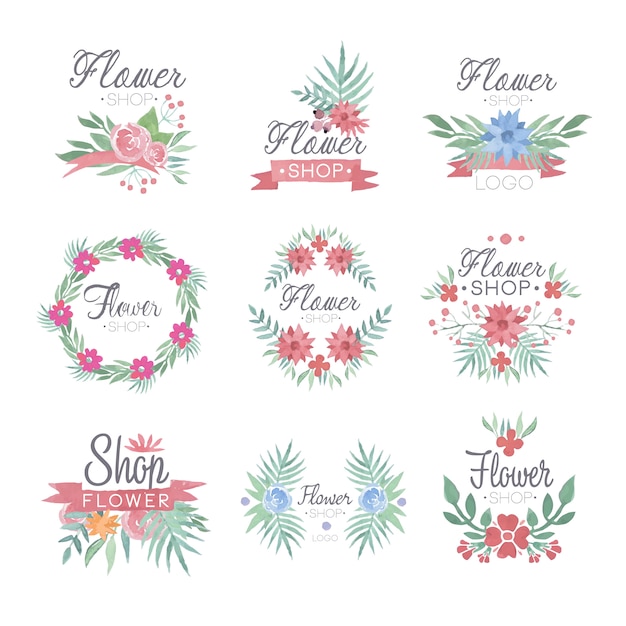 Vector conjunto de diseño de logotipo de tienda de flores de coloridas ilustraciones en acuarela