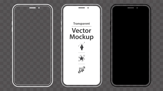 Conjunto de diseño de maqueta de vector de teléfono móvil. plantilla de teléfono inteligente con pantalla negra, blanca y transparente.