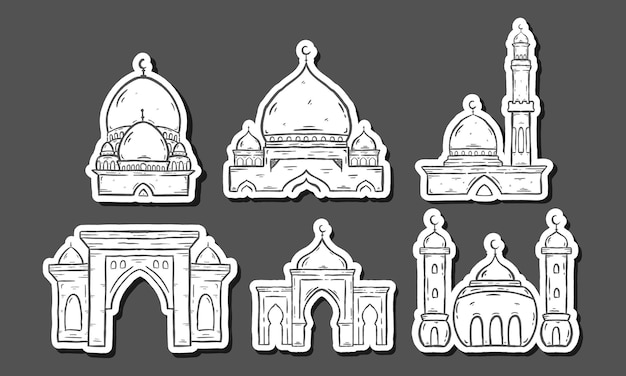 Conjunto de diseño de mezquita islámica Concepto de mezquita con estilo de boceto dibujado a mano