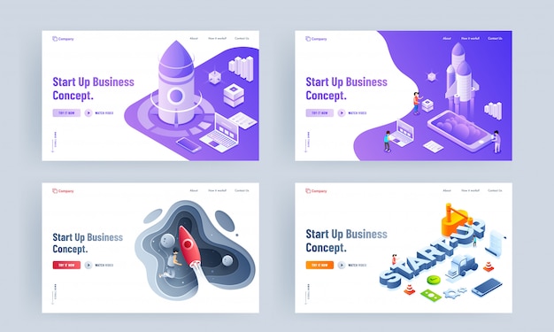 Conjunto de diseño de página de aterrizaje con plataforma diferente y lanzamiento exitoso de un proyecto de cohete para el concepto Start Up Business.