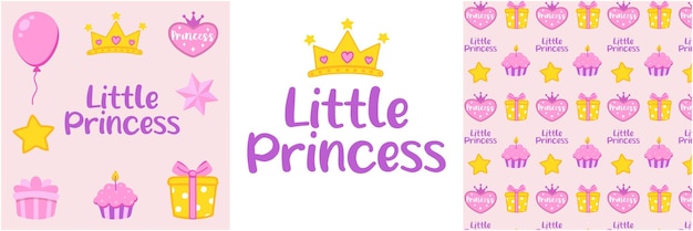 Conjunto de diseño de la pequeña princesa dibujos animados lindos estrellas despertadas corazones de regalo rosados pastel y patrón de letras