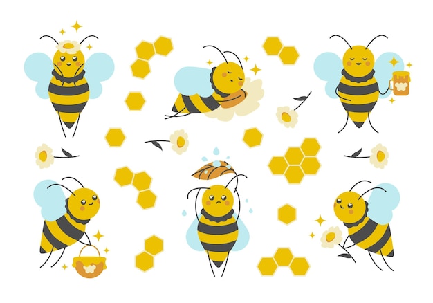 Conjunto de diseño de personajes de abeja pequeña y linda Serie de imágenes prediseñadas planas