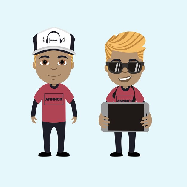 Conjunto de diseño de personajes Anunciador o disco Bromista hombre diseño plano estilo mínimo vector ilustración