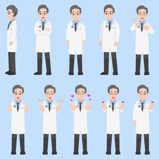 Vector conjunto de diseño de personajes de doctores en varias acciones dibujos animados plana concepto de salud.