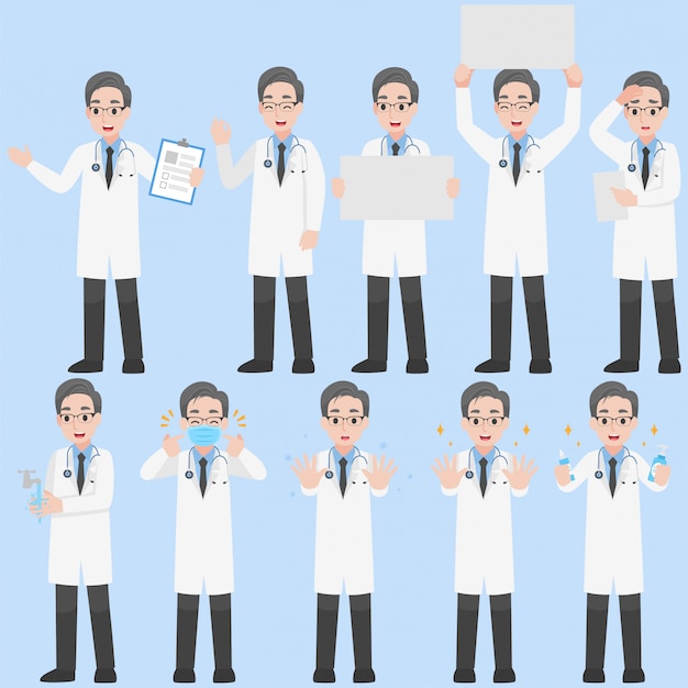 Conjunto de diseño de personajes de doctores en varias acciones Dibujos animados plana Concepto de salud.