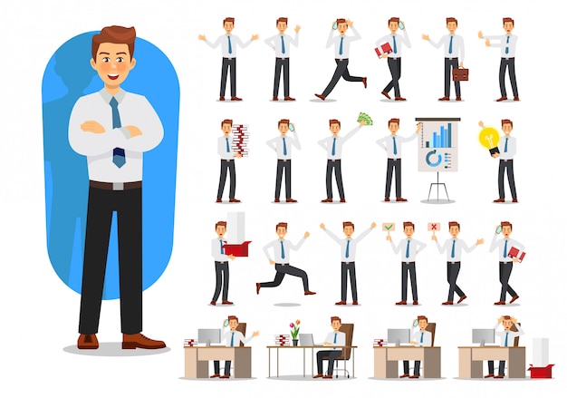 Conjunto de diseño de personajes de hombre de negocios. Hombre trabajador de oficina