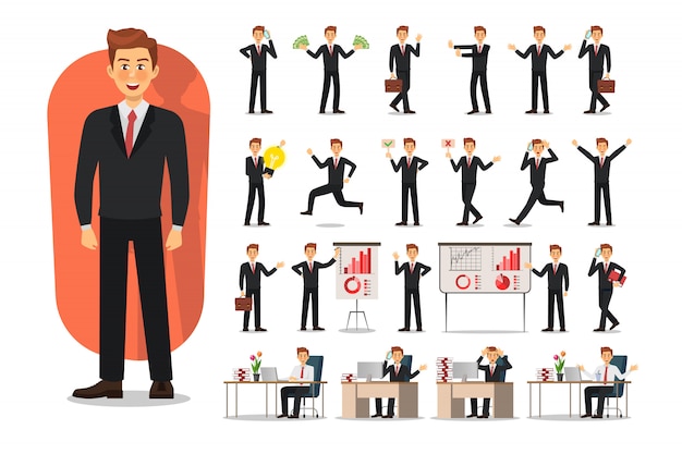 Conjunto de diseño de personajes de hombre de negocios. Hombre trabajador de oficina