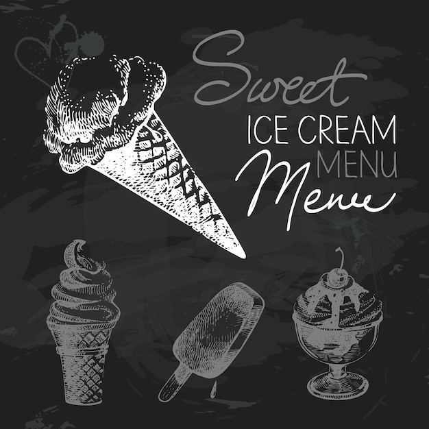 Conjunto de diseño de pizarra dibujada a mano de helado. Textura de tiza negra