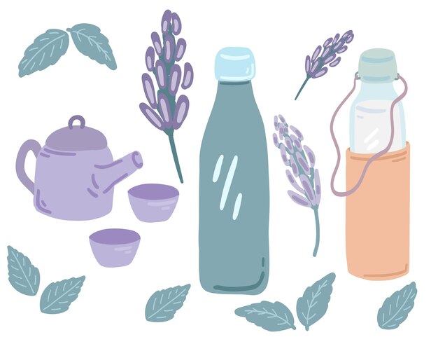 Vector conjunto de diseño plano de botella de agua de té de meditación yaga