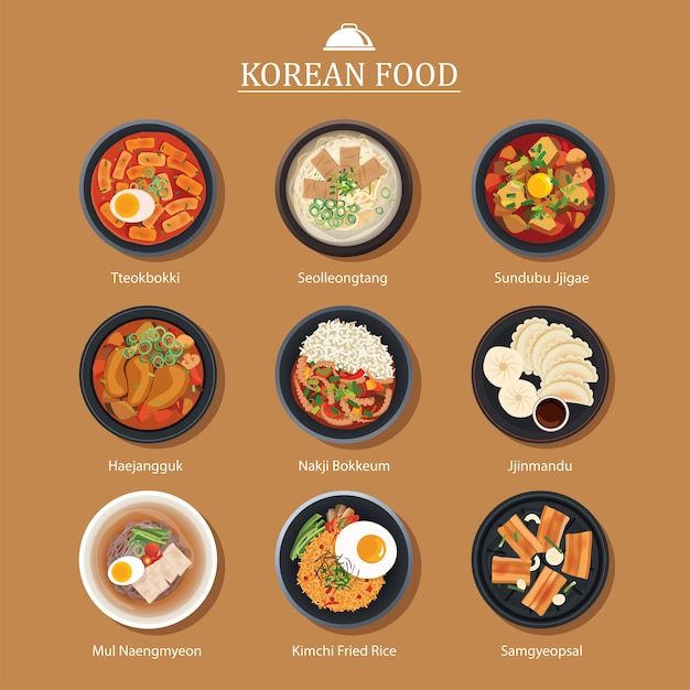 Conjunto de diseño plano de comida coreana.