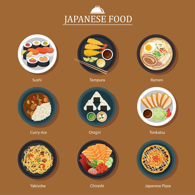 Conjunto de diseño plano de comida japonesa