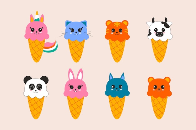 Conjunto de diseño plano en forma de animal kawaii helado dibujado a mano